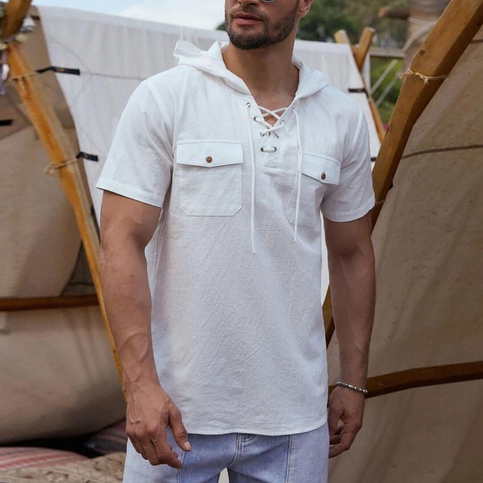 

Весенне-летняя мужская повседневная хлопково-льняная однотонная рубашка с короткими рукавами и двойным карманом с капюшоном XXXL