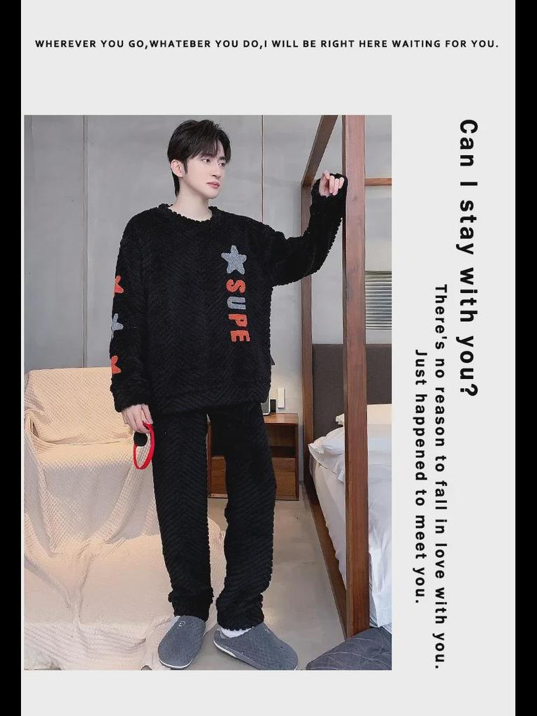 Men's Winter Coral Fleece Pajamas: Outdoor Wearable, Thickened Flannel, One-Piece Home Clothing