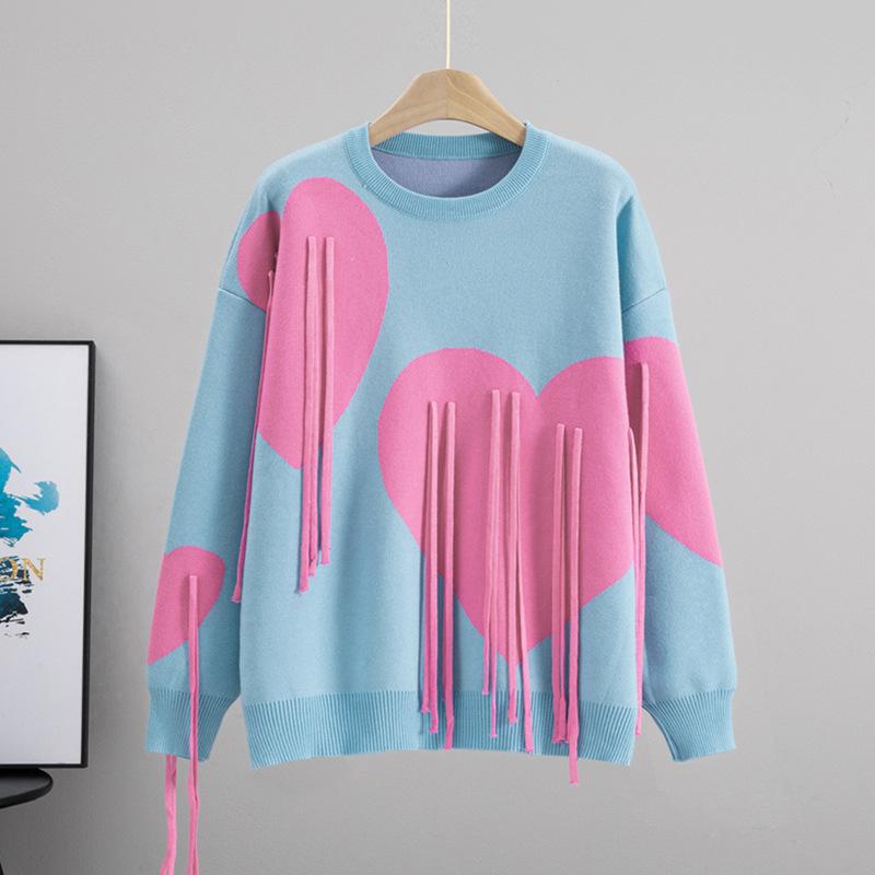 Soft Waxy Sweater Women's Autumn and Winter Soft Round Neck Fringed Love Loose Lazy Style Fashion Knitted Sweater Top Tide