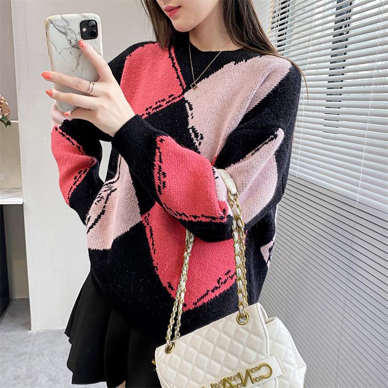 Pull Vintage surdimensionné à col rond Argyle pour femme, pull ample à manches longues, mode coréenne, automne