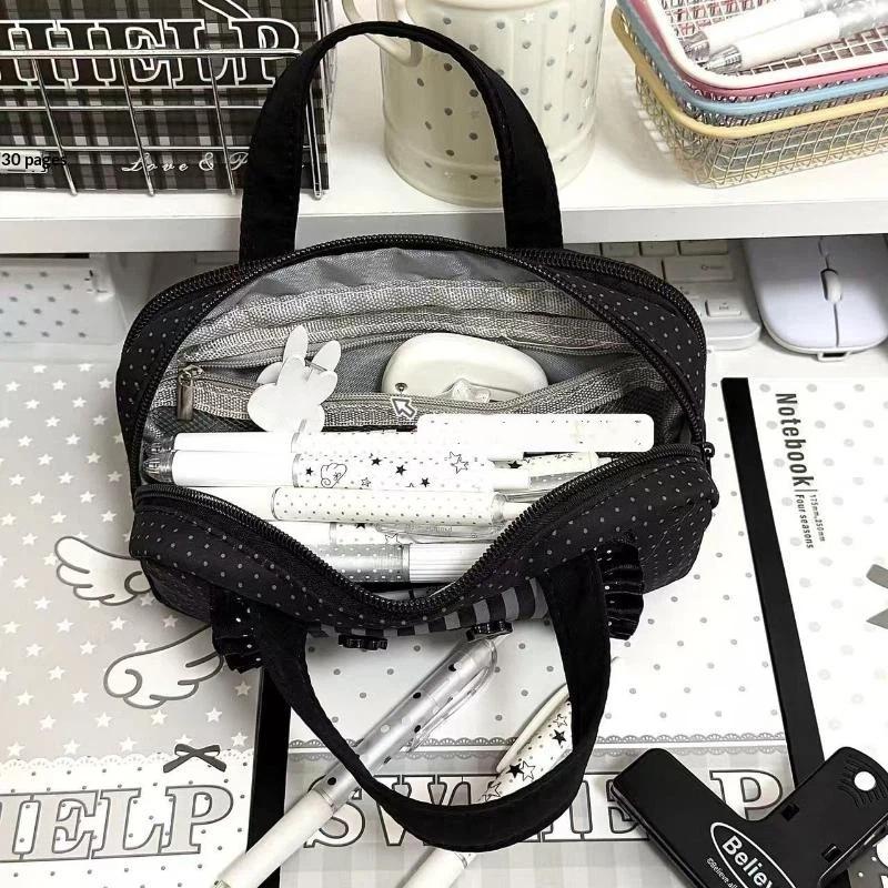 Ins Style Cute Lace Wave Point Handheld Pen Case Big Capacity Student Stationery Storage Bag Pen Bag Makeup Bag Gift