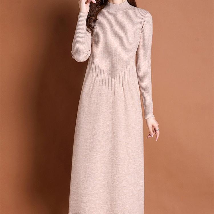 Solid-color Sweater Dress for Women's Autumn and Winter Casual Half Turtleneck Sweater A-line Dress