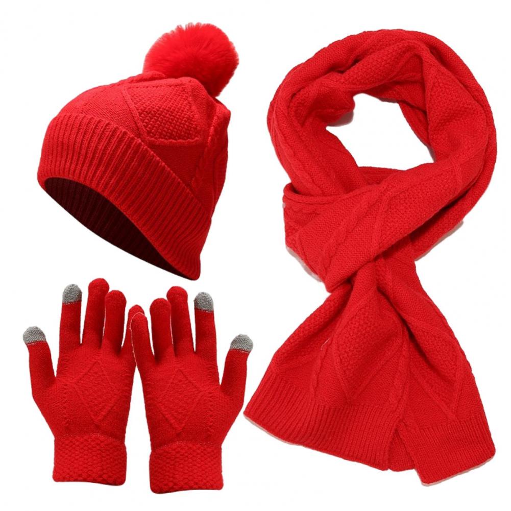 3 Pcs/Set Men Winter Hat Scarf Gloves Set Thick Knitted Warm Elastic Ear Five Fingers Windproof Winter Outdoor Cyclin