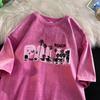 Palm Beach Print T-shirt Men Pink Letter Shirt Cotton Vintage Washed Tee Street Soft Comfort T-shirts Men Clothing