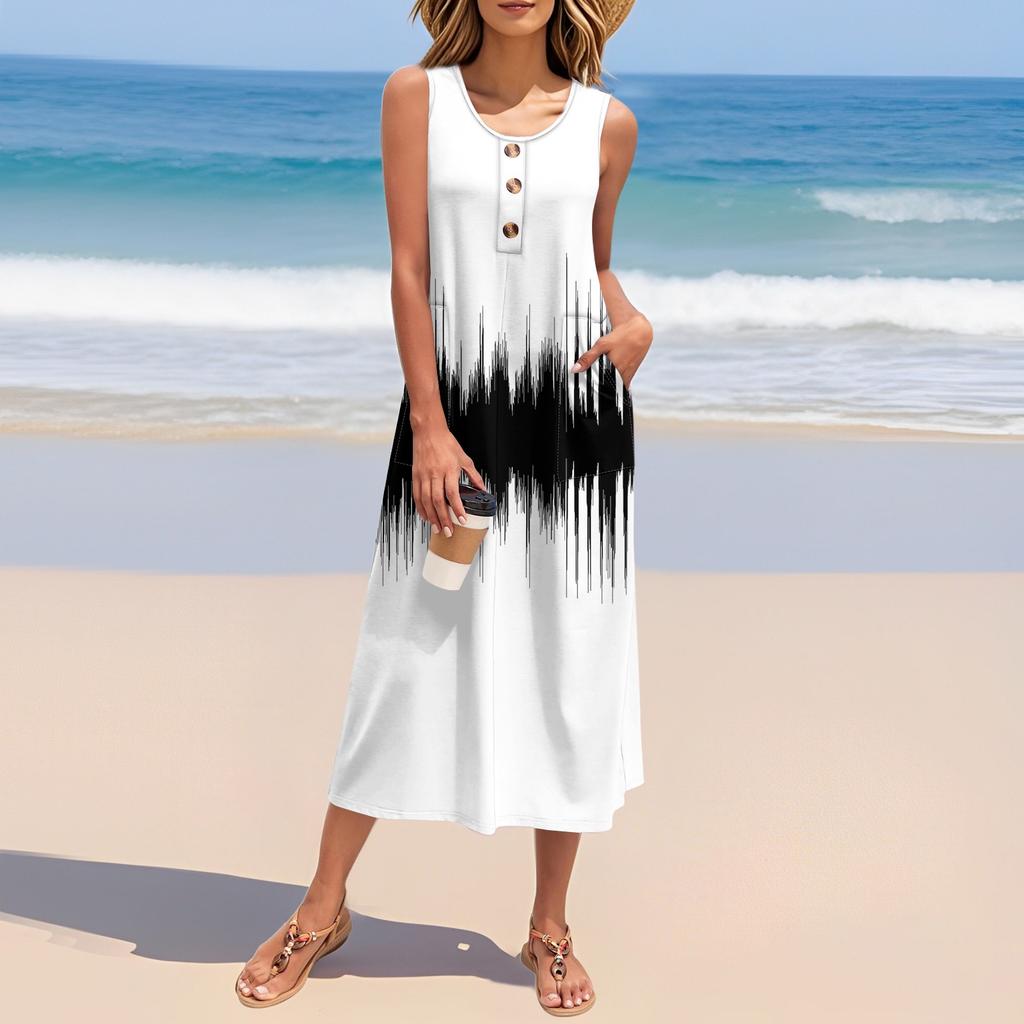 Women's Summer Vintage Color-block Patchwork Print Dress Sleeveless Button Down Casual Loose Long Beach Sundress