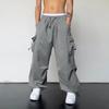 Men Casual Cargo Pants Hip Hop Baggy Trousers with Pockets Low-Rise Elastic Waist Drawstring