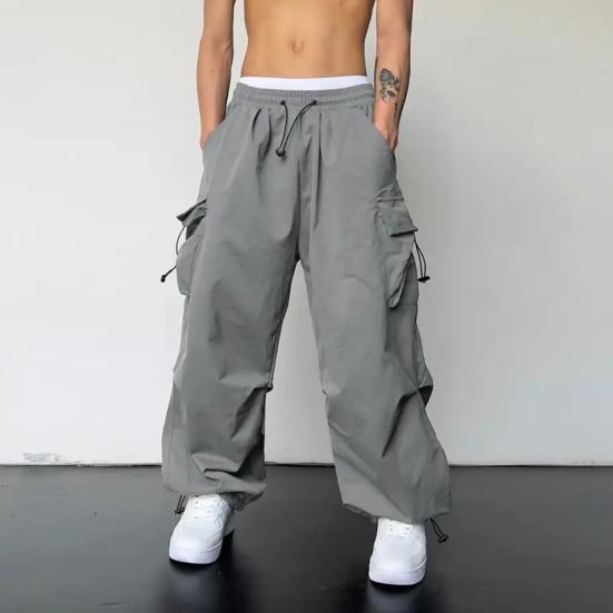 Men Casual Cargo Pants Hip Hop Baggy Trousers with Pockets Low-Rise Elastic Waist Drawstring