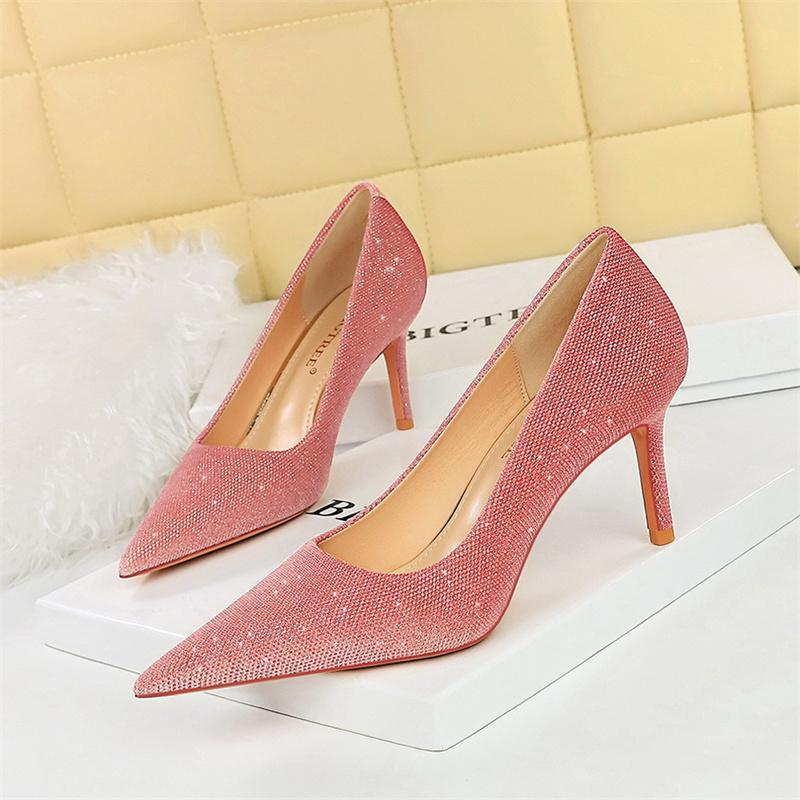 Versatile Style Fashion Women Bling Party Pumps Thin Super High Heel Shallow Mouth Pointed Toe Corduroy Wedding Single Shoes