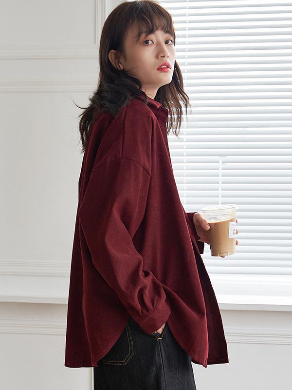 Women's Retro Wine Red Brushed Plush Long-Sleeve Shirt Jacket for Layering