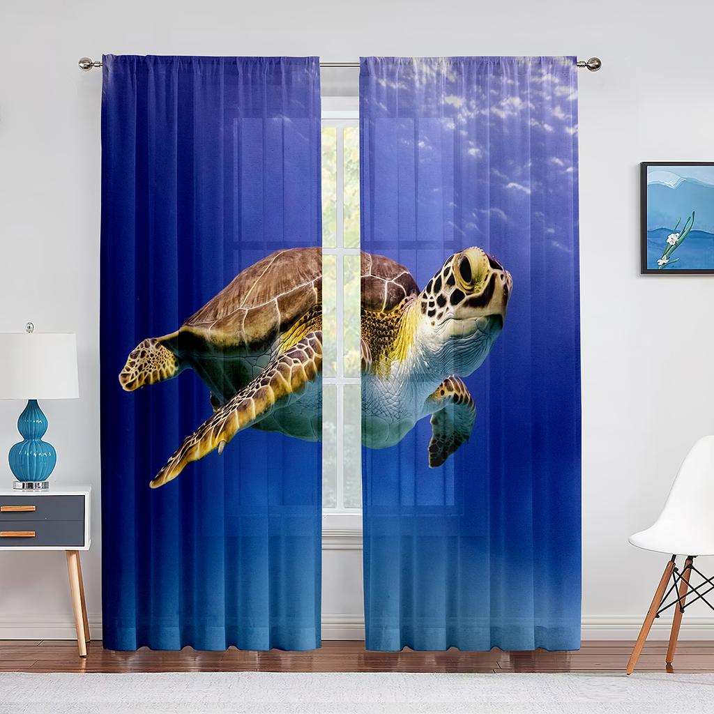 Cartoon Sea Turtle Tulle Curtains for Living Room Decoration Marine Animals Ink Blue Chiffon Sheer Voile Kitchen Bedroom Curtain