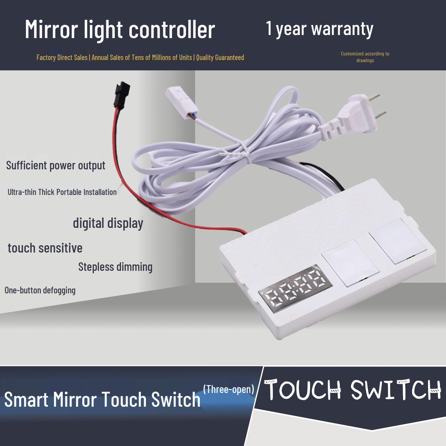 

12/24V Touch Mirror Switch with Three-Color Stepless Dimming for LED Makeup Mirrors Integrated Dual-Button Clock 6W