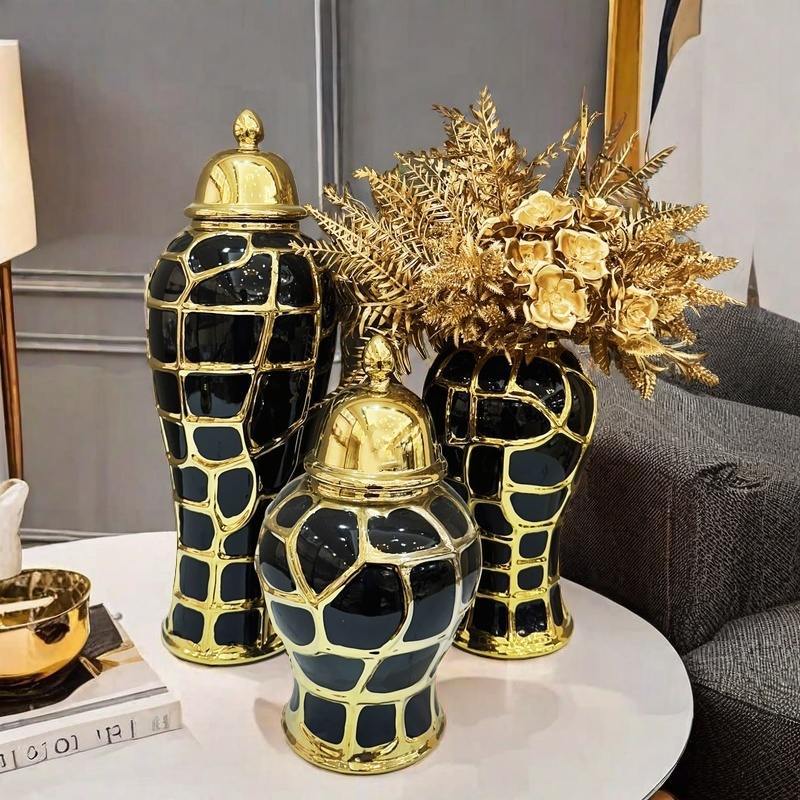 Schwarzes Karomuster Keramik Schachmatt Glas Vorratsglas Blumenvase Versiegelter Vorratsbehälter Ingwerglas Chinesisches Porzellan Handwerkskunst Heimdekoration