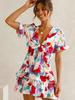Women Fashion Printed Dress Short Sleeve V-neck Mini Dress Flouncing Hem Bow-tied Summer Dress