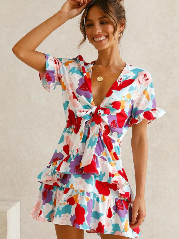 Women Fashion Printed Dress Short Sleeve V-neck Mini Dress Flouncing Hem Bow-tied Summer Dress
