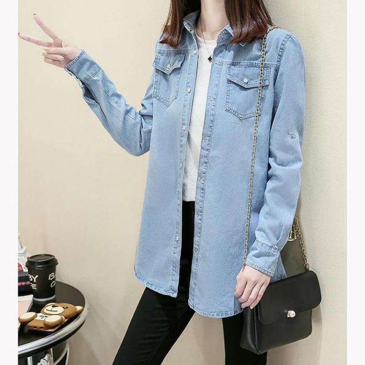 Camisa Vaquera para Mujer Manga Larga Corte Holgado Longitud Media Chaqueta Vaquera Camisa Base de Primavera Talla Grande Chaqueta Fina