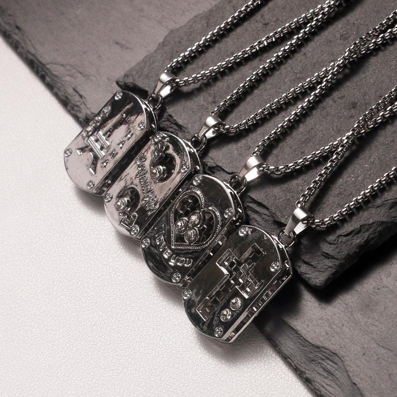 Classic Geometric Military Pendant Necklace Jewelry, English Hollow 2-in-1 Stainless Steel Necklace Necklace