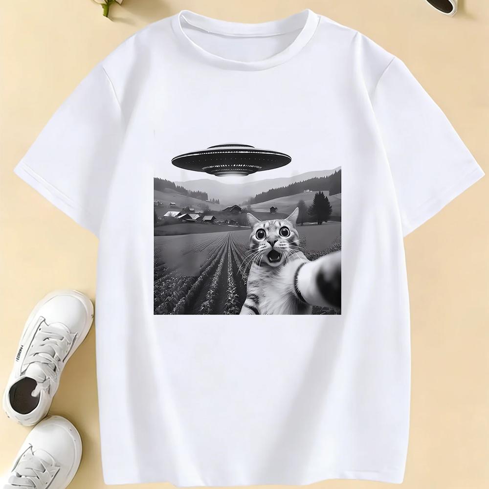 

2026 Funny Casual Ufo Cat Kawaii Design Print T Shirts Kids Children s T-shirt Anime Boys Girls Summer Spring Casual Top Tee XS белый