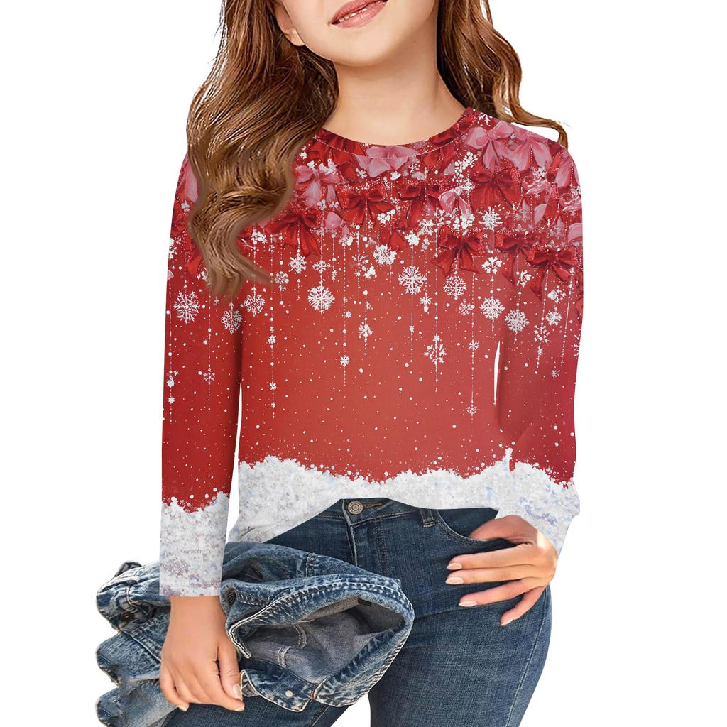 Christmas Day Girls Long Sleeve T Shirts Kids Fall Tops Crewneck Printed Basic Tees