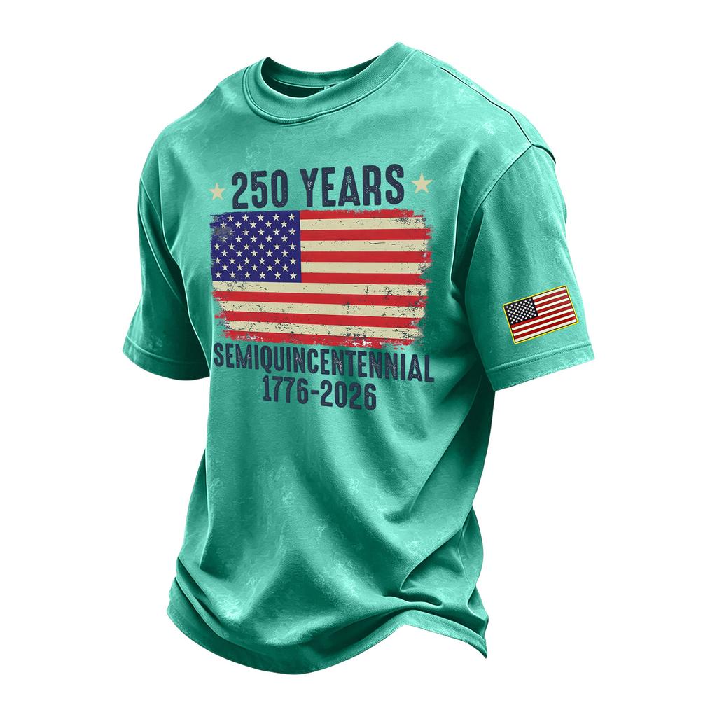 T-shirt da uomo vintage lavata con scollo rotondo a maniche corte, maglietta grafica stampata Semi-Quincentennial 1776-2026, design bandiera USA, vestibilità casual