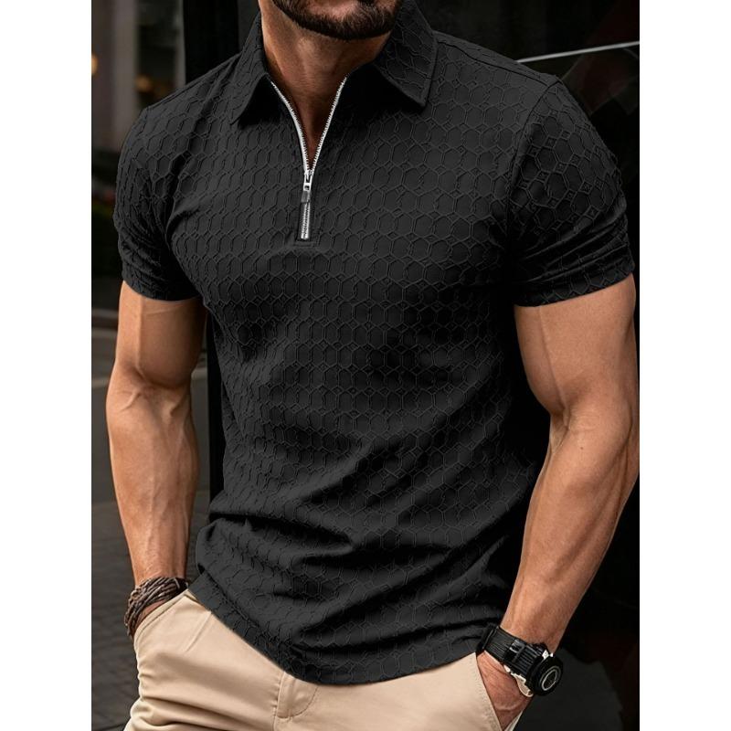 Mens Casual Zip Up Polo Shirt Short Sleeve Textured Top