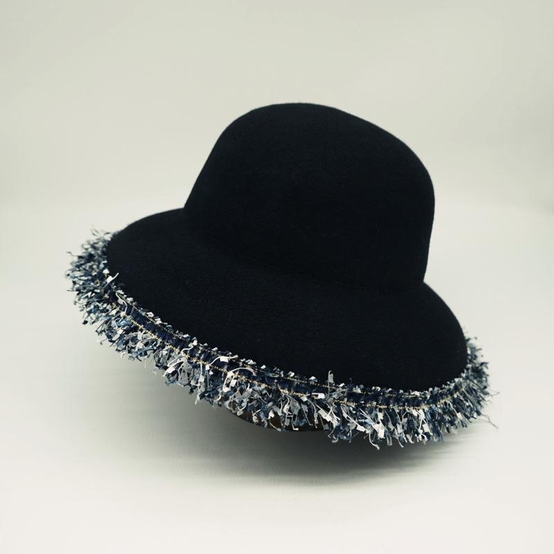 French Elegant Retro Rough Edge Black Woolen Bell-Shaped Basin Hat Female British Versatile Foreign Trade Felt Fisherman Top Hat