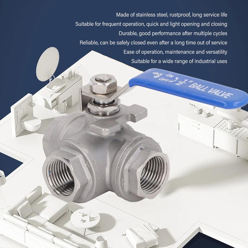 3 Way Ball Valve 1/2in DN15 304 Stainless Steel Female Thread L Type Manual Drive for Water Oil Gas 3 Way Ball Valve 1/2in