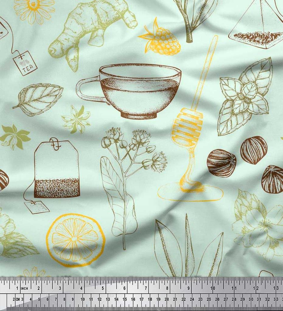 Soimoi Blue Poly Crepe Fabric Tea Cup|Star Anise & Lemon Slice Vegetable Fabric Prints By Yard 42 Inch