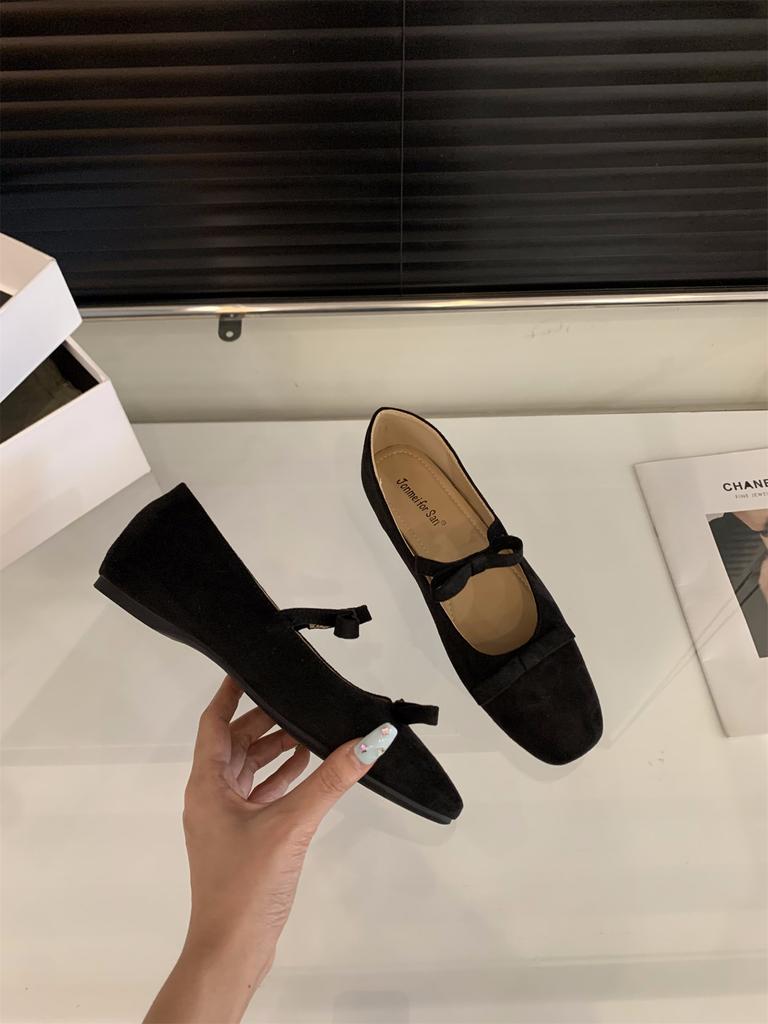 Jonmei for San Nei heightening retro suede ballet single shoes women's shoes 2025 autumn bow evening shoes
