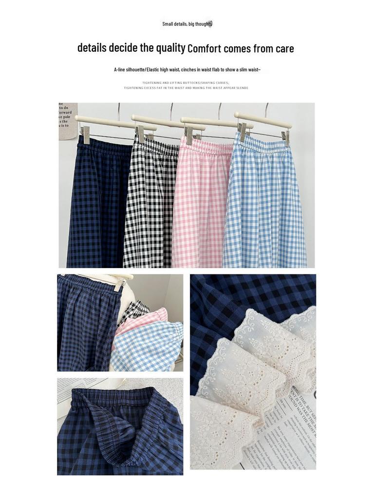 Women's High Waist Checkered Lace Trim A-line Midi Skirt (2025)