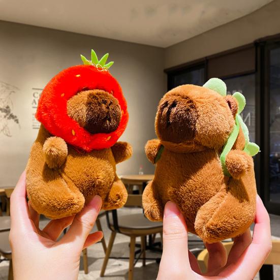 2 Pack Capybara Plush Keychains - Cute Stuffed Animal Toys With Turtle Bag & Strawberry Hood Outfits