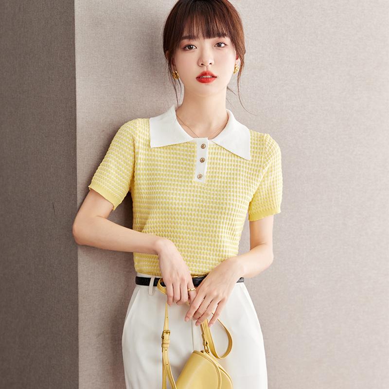 Plaid Short-sleeved Sweater Women's Front Shoulder Polo Shirt Korean Style Top