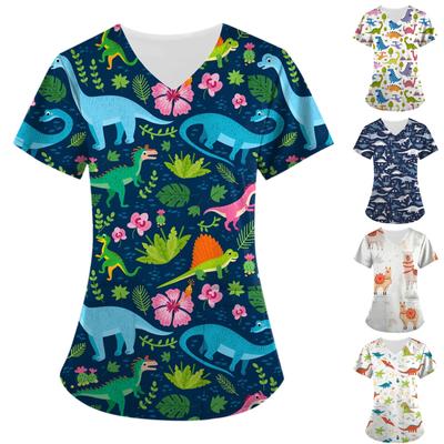 Women's Cute Animals Printed Short Sleeve V-neck Tops Working Pocket Blouse