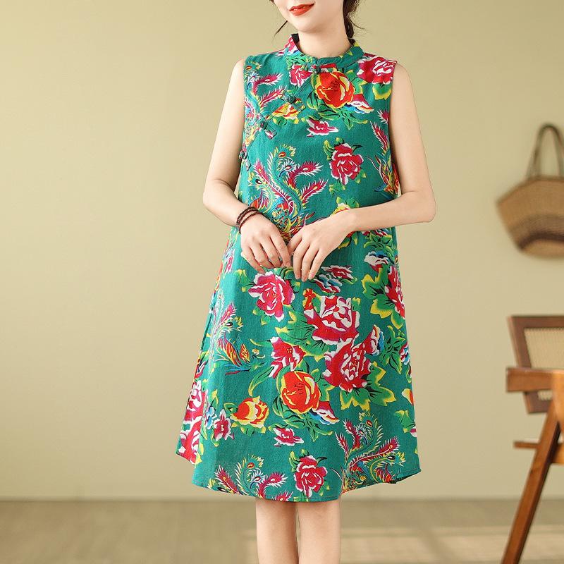 Retro Modified Disc Button Cheongsam Skirt Loose Slimming Sleeveless Printed Dress