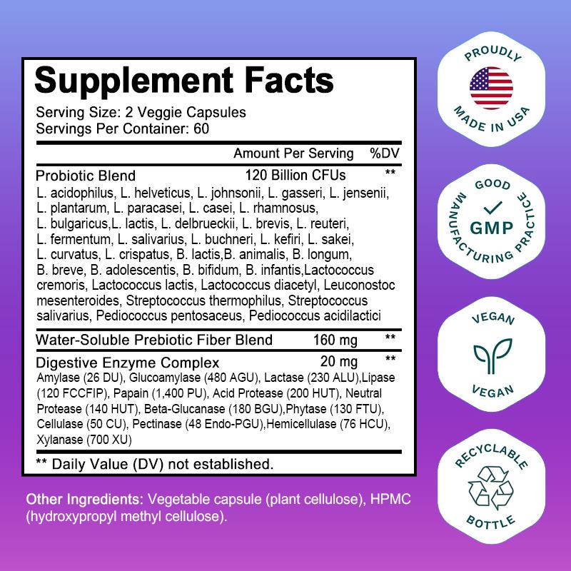 Bcuelov 120 billion probiotic composite capsules contain 36 strains of bacteria and digestive enzymes helping with intestinal digestion and absorption