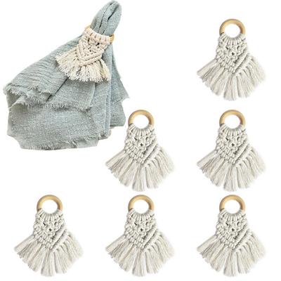 Servilletero Estilo Boho Cuerda de Algodón Anillo de Madera Maciza Decoración con Borla Cena