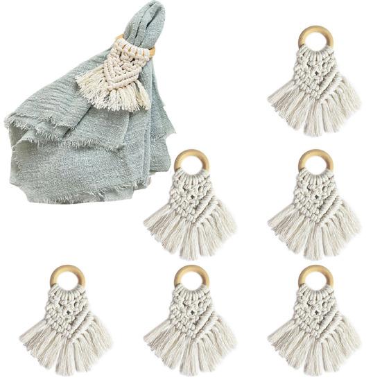 Napkin Ring Boho Style Cotton Rope Solid Wood Ring Tassel Decor Dinner Ring Handwoven Table Decoration