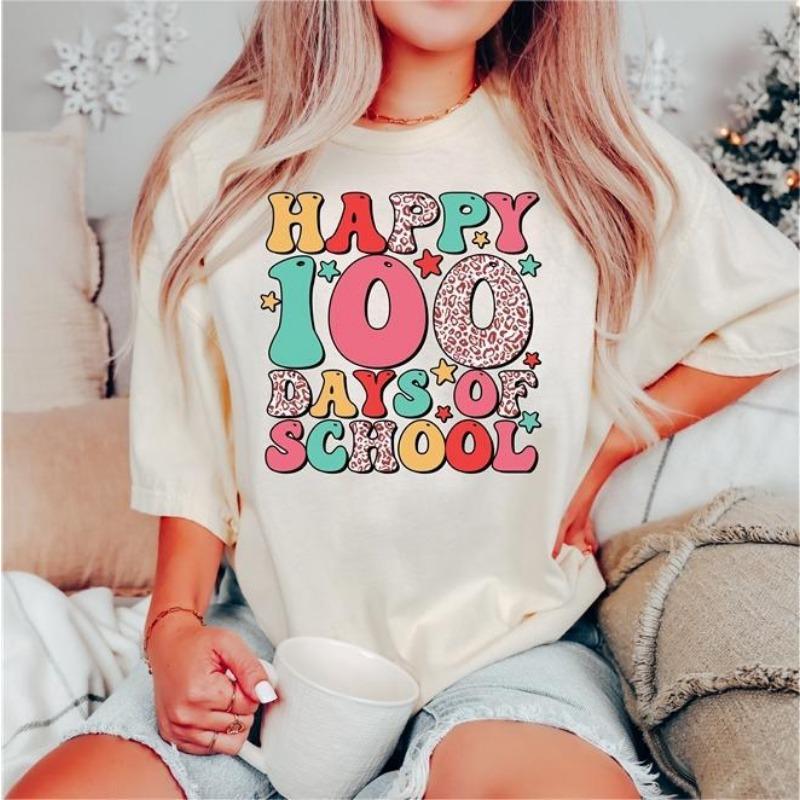 Women's Top 100 Days of School Printed High Street Trendy Fashion Casual Cotton T-Shirts Women’s