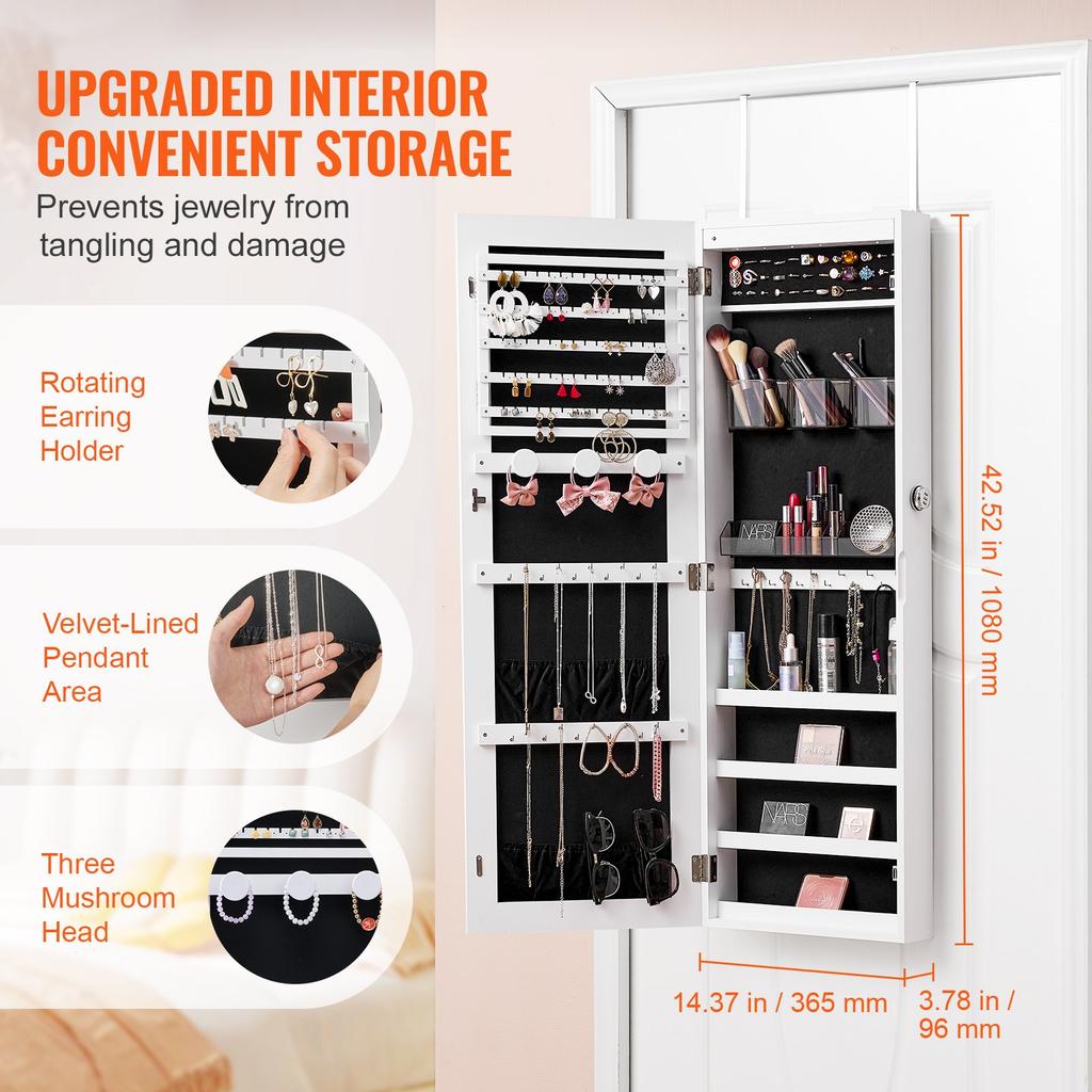 VEVOR Mirror Jewelry Cabinet, 42.52-Inch Tall Lockable Jewelry Cabinet Armoire with Full-Length Mirror
