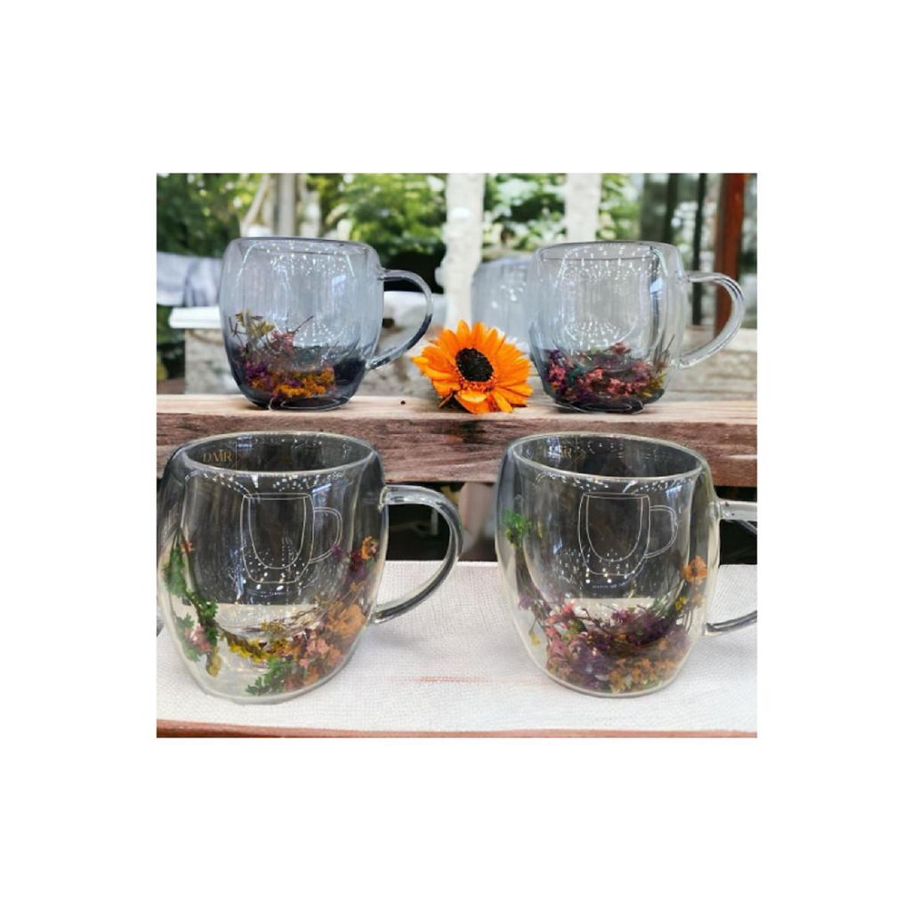 Double Walled Borosilicate Glass Cup Mug With Dried Flowers