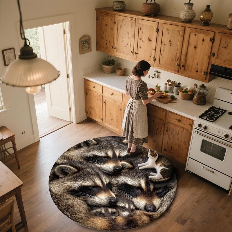 Lynx and Raccoon Round Area Rug,Carpet Rug for Living Room Bedroom Sofa Playroom Decor,Non-slip Floor Mat