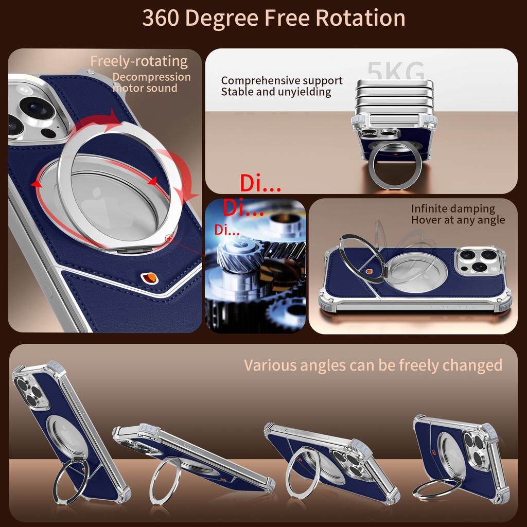 For iPhone 14 Pro Max Case PU Covered Metal Boardless Phone Back Cover with Kickstand
