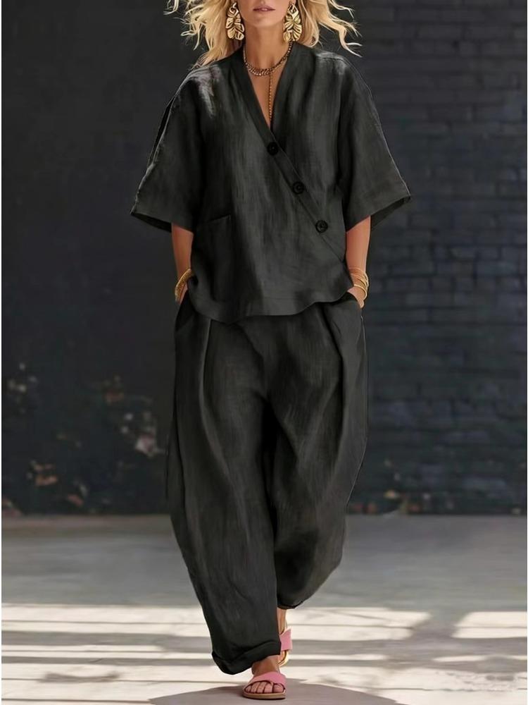 Women's Linen V-Neck Short Sleeve Top and Wide Leg Pants Set in 5 Colors