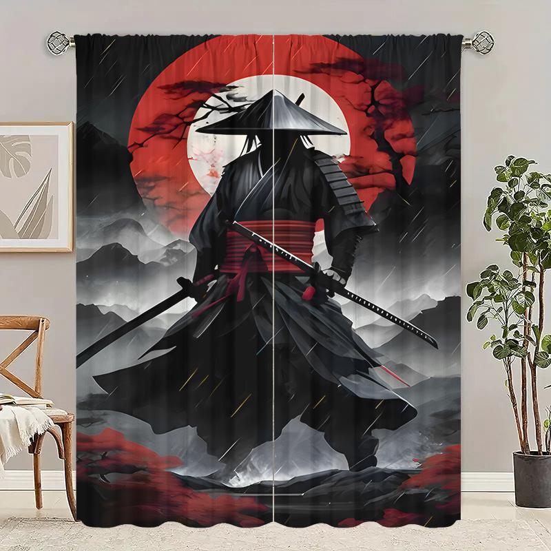 2 curtains in Samurai print - Polyester - suitable for bedroom, living room, study, private space + magnetic binding