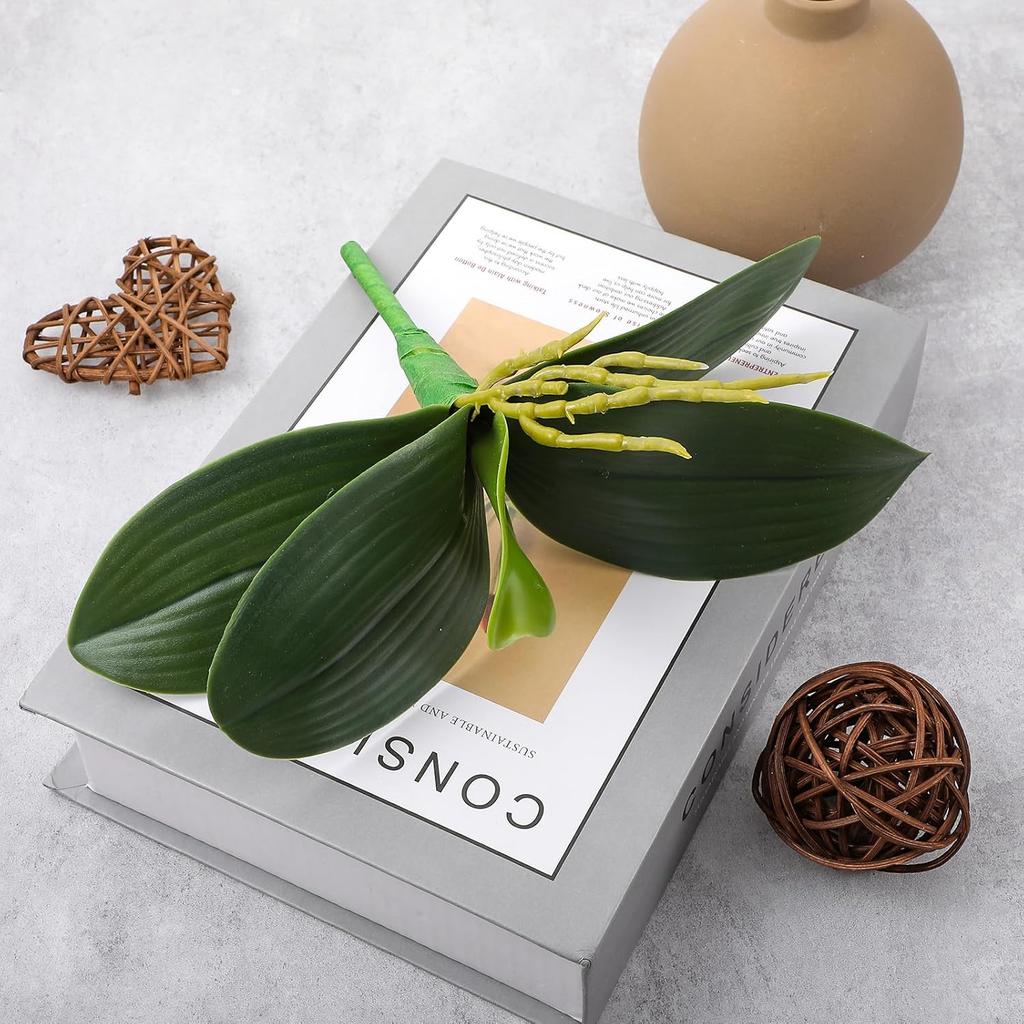 2 Pcs Orchid Leaves Artificial Real Touch Faux Phalaenopsis Stems Leaf 8 Inches Green Leaf Plants Fake Cymbidium Flower Foliage Green Real Touch