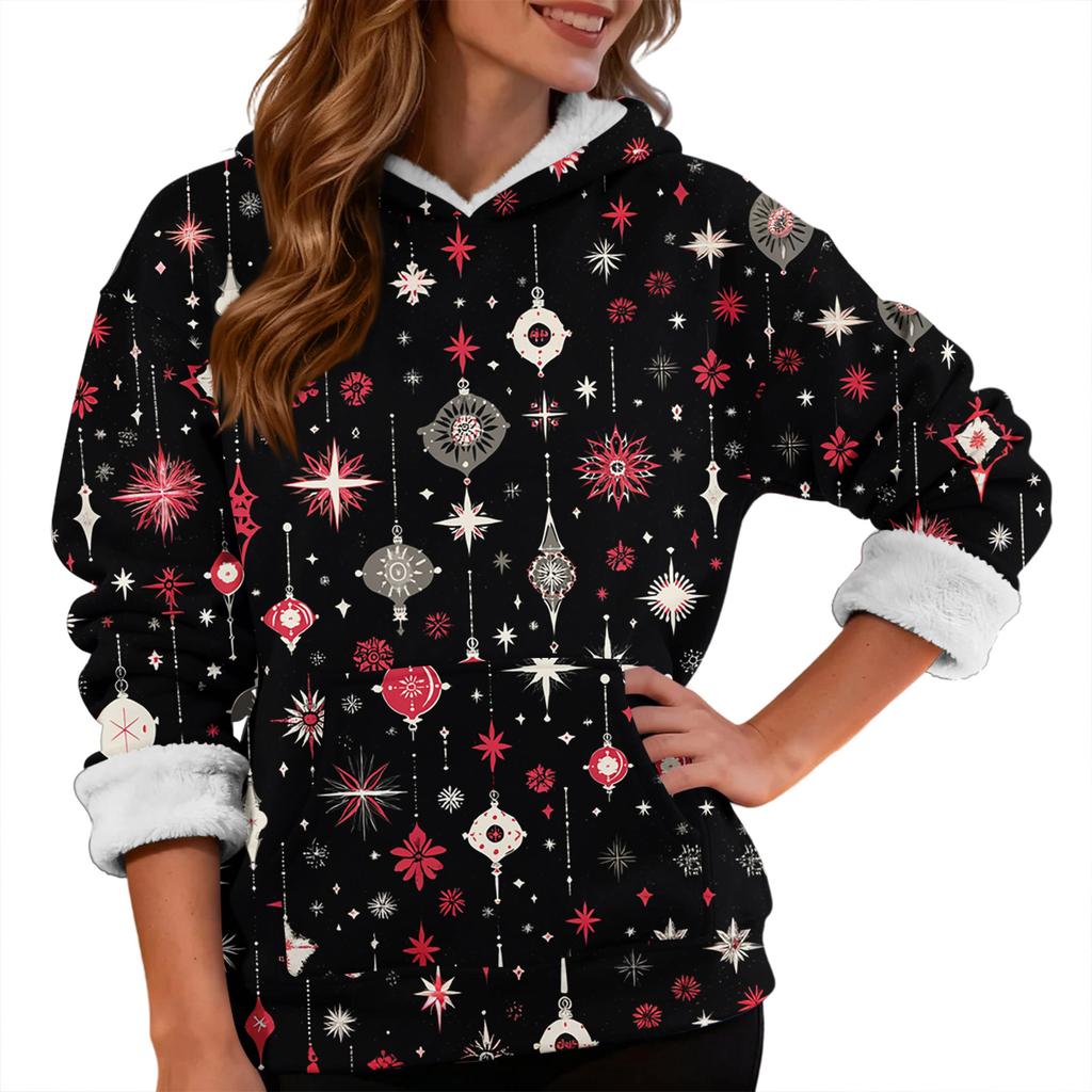Women's Fashionable Casual Long-Sleeved Christmas Print Fleece-Lined Thick Hooded Sweatshirt