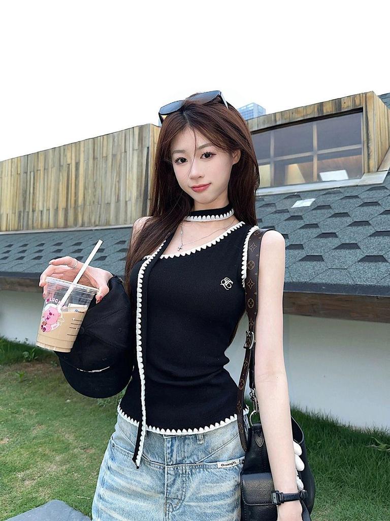 2025 Women's Black Slim Off-Shoulder Sleeveless Vest - Summer Fashion