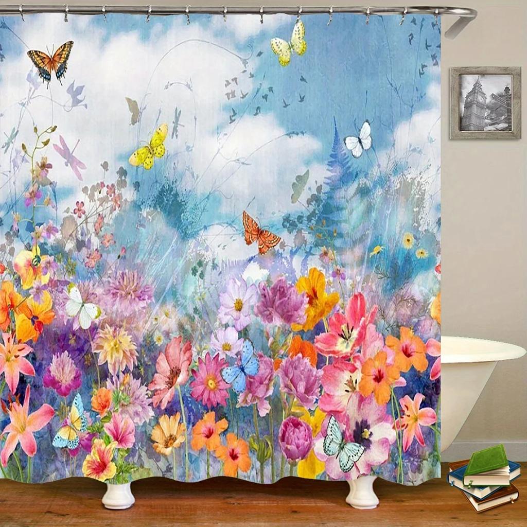 4pcs Healing Oil Painting Pastoral Sea of Flowers and Butterfly Pattern Shower Curtain Set Bathroom Curtain, Bathroom Decora