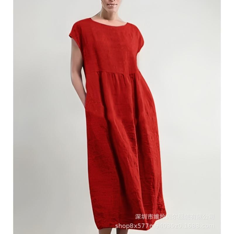Summer Round Neck Solid Color Short-sleeved Dress Loose Cotton and Linen Pocket Women's Dress