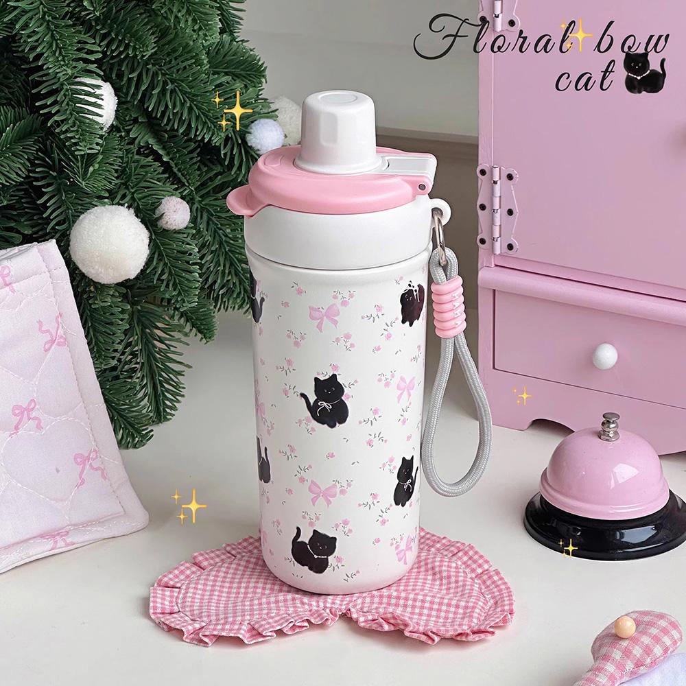 Cute Cat Bow Insulated Water Bottle With Straw Filter 500ml Stainless Steel Leak-Proof Thermos Kawaii Cat Bow Cups for Girl Kids