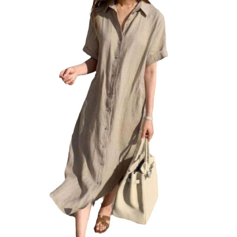 Loose Lace Up Short Sleeved Linen Shirt Dress